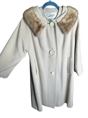 Vintage 1960s Craig's Wool Swing Coat Genuine Mink Fur Collar MCM Outerwear L
